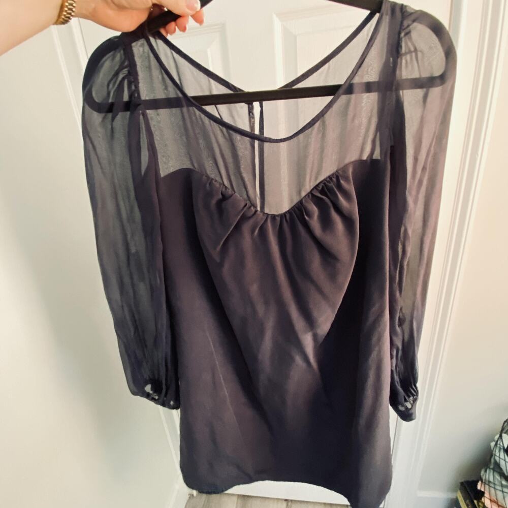 Leona by Lauren Leonard Dress Womens 6 Navy Silk Sheer Sleeve Chiffon Sweetheart